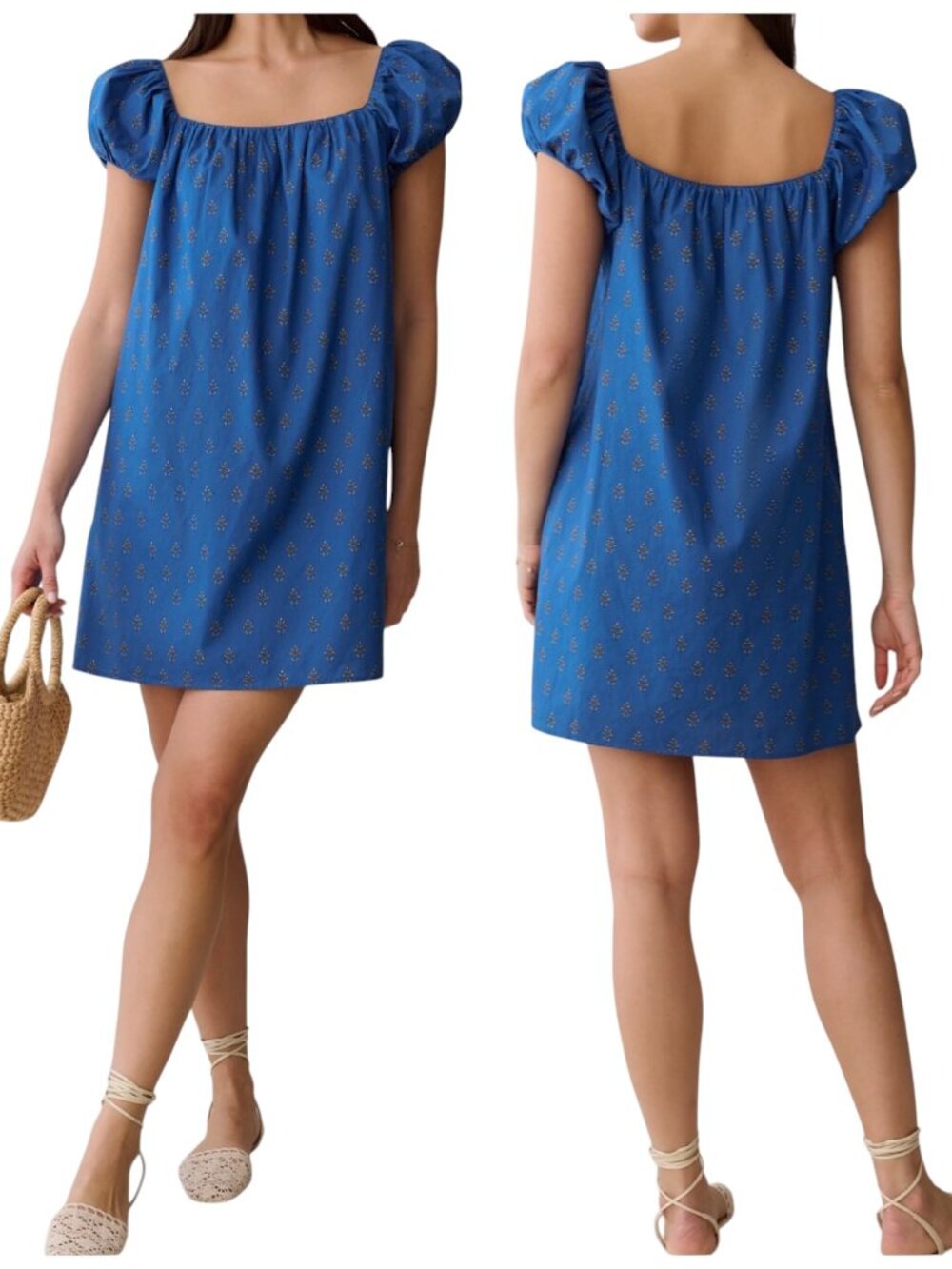 Kourt Nya Cotton Dress Large Blue Bijou Puff Sleeve Mini NWT